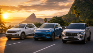 T-Cross, BYD Song e Creta na estrada ao entardecer