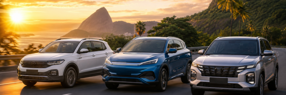 T-Cross, BYD Song e Creta na estrada ao entardecer