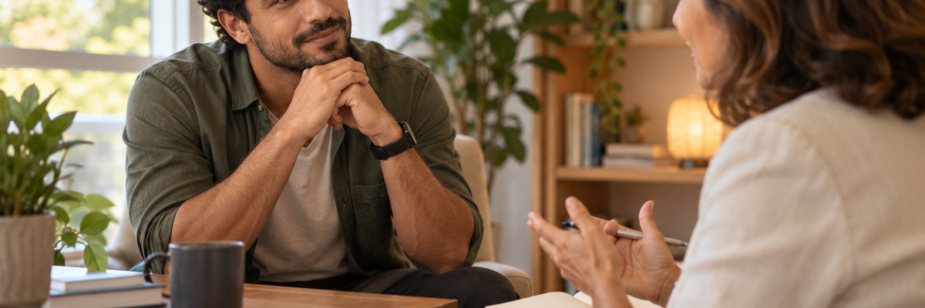 Adulto autista em conversa com psicologa em consultorio claro